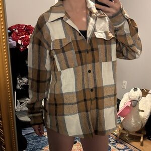 Women's Plaid Utility Jacket in Brown and Cream